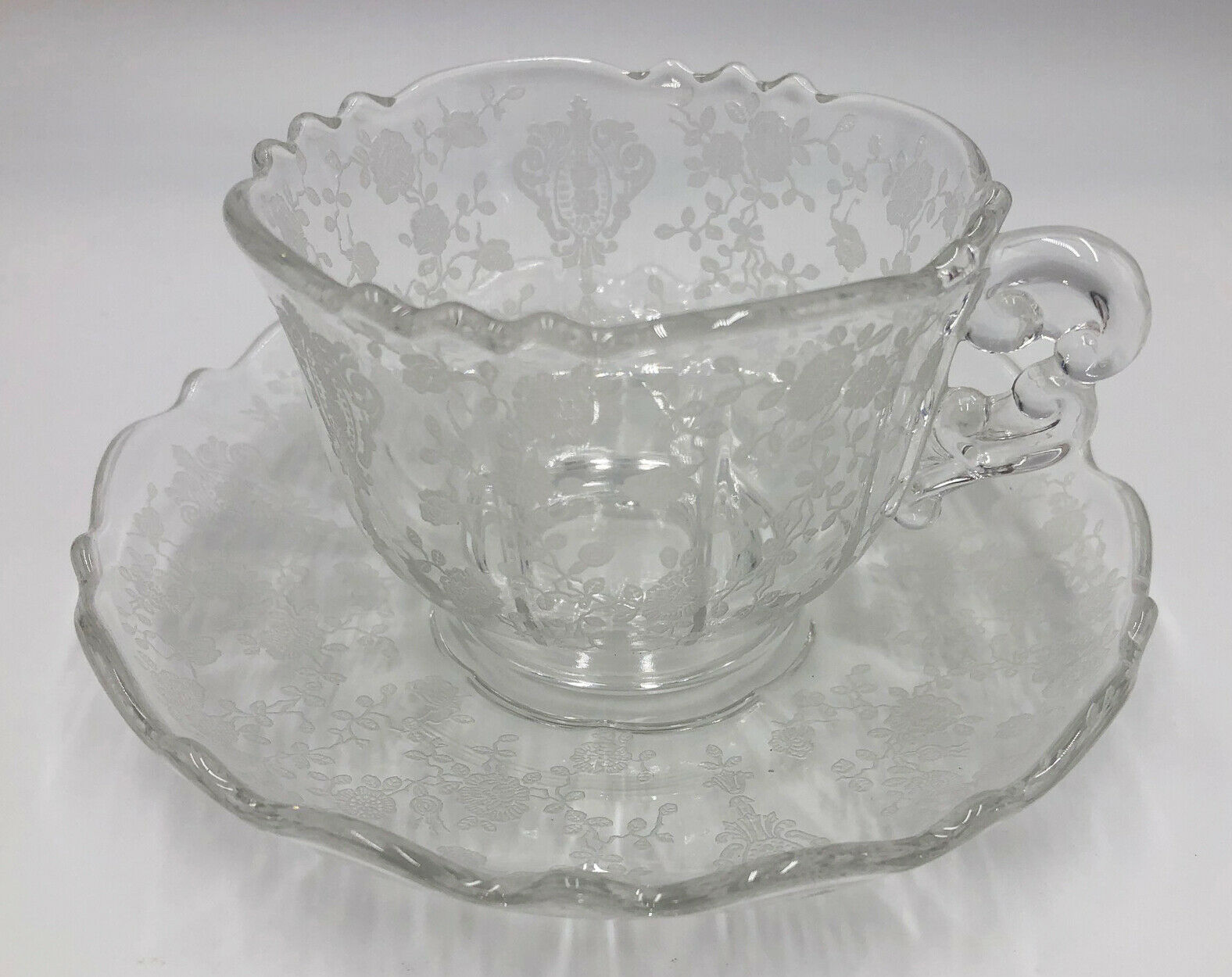 Cambridge Glass Rose Point Cups & Saucers - Unused!  (550x)